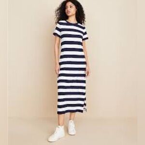 Lou & Grey Striped Soft Slub Midi Tee Dress Navy XS
